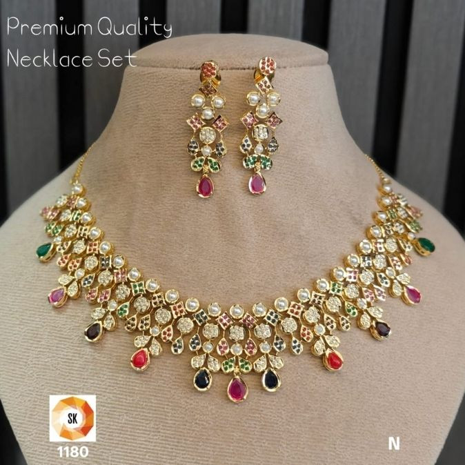 Navratna Pearl Cascade Necklace Set