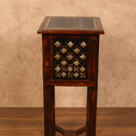 Handcrafted Sesame Wood Bedside Table with Brass Inlay & Drawer