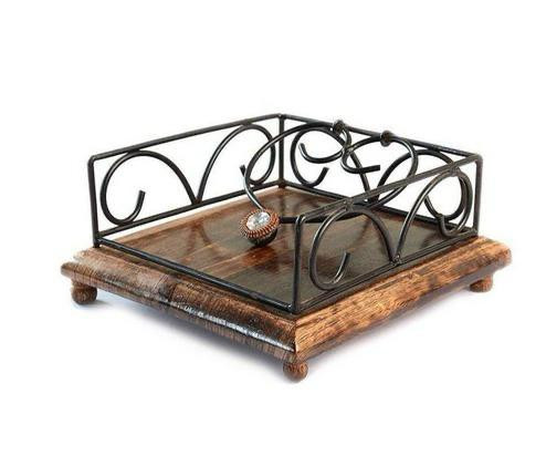 Handcrafted Wooden Napkin Holder with Wrought Iron Frame
