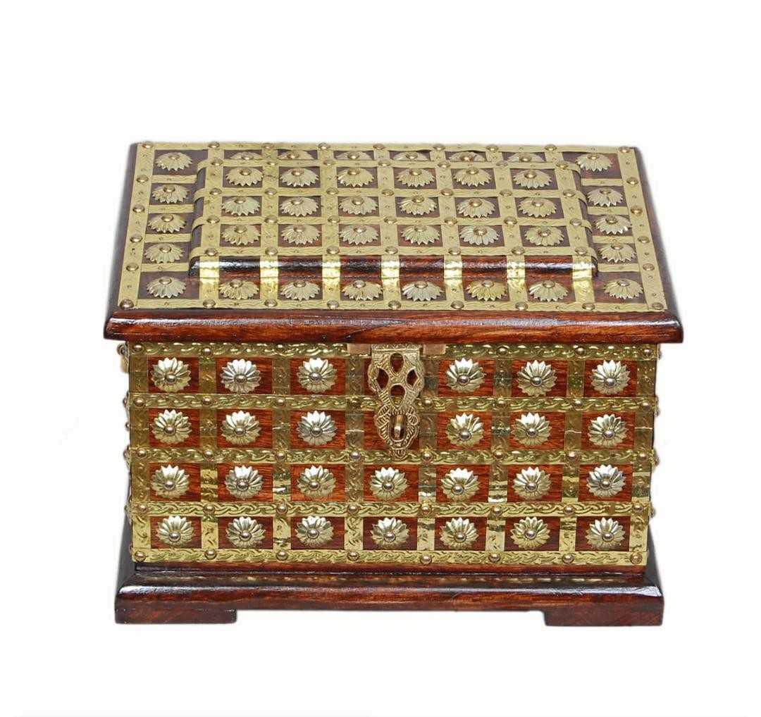Handcrafted Wooden Brass Inlay Storage Chest