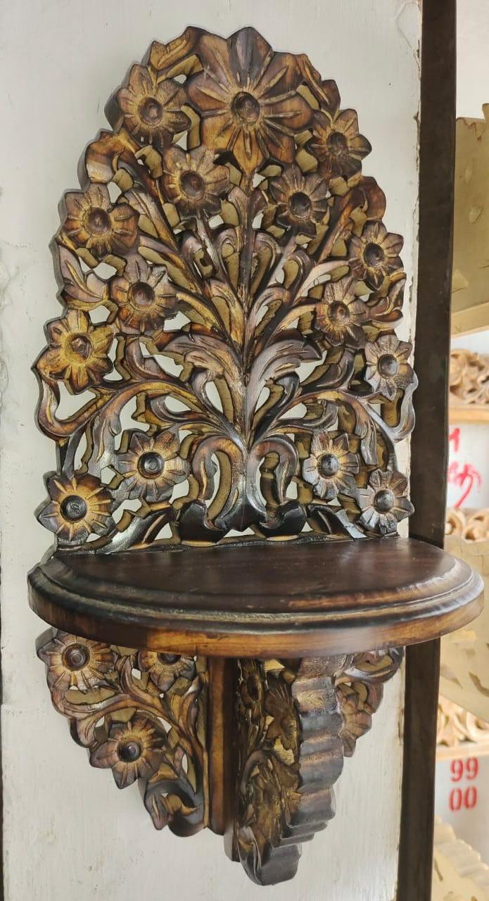 Handcrafted Wooden Wall Bracket Shelf (Floral Carved)