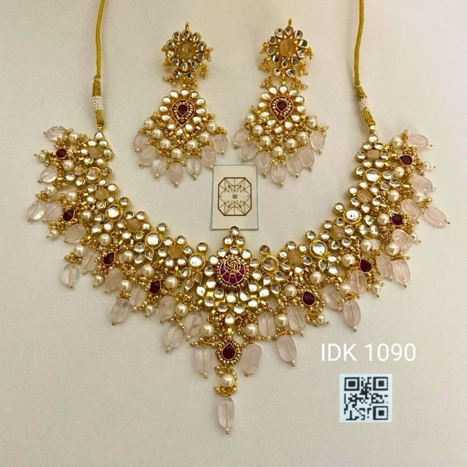 Elara Rose Quartz Kundan Pearl Necklace Set