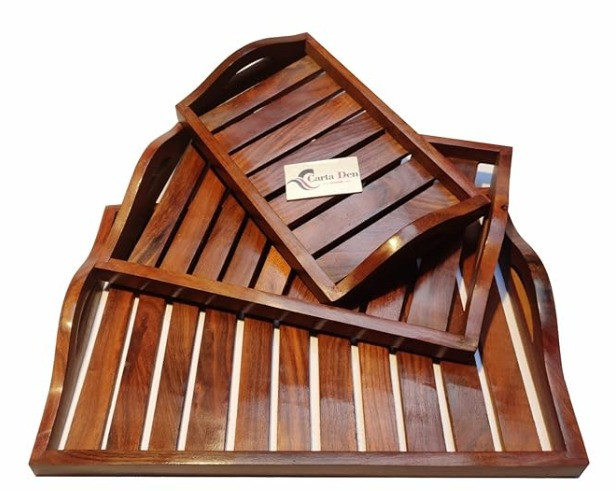 Handcrafted Wooden Serving Tray Set with Cut-Out Handles (Set of 3)