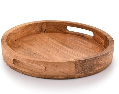 Handcrafted Round Wooden Serving Tray with Cut-Out Handles