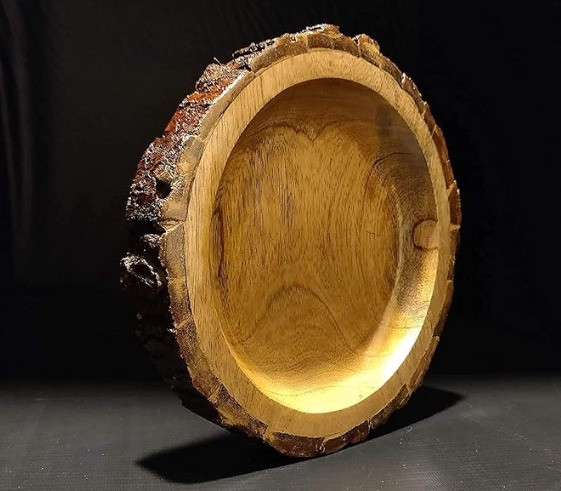 Handcrafted Round Wooden Serving Tray with Natural Bark Edge