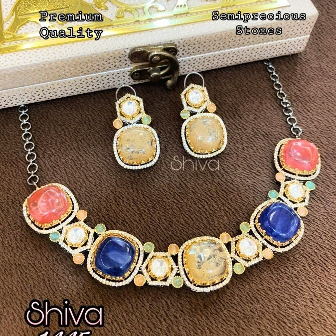 Shiva Cushion-Cut Multistone Necklace Set (Blue & Coral Accents)