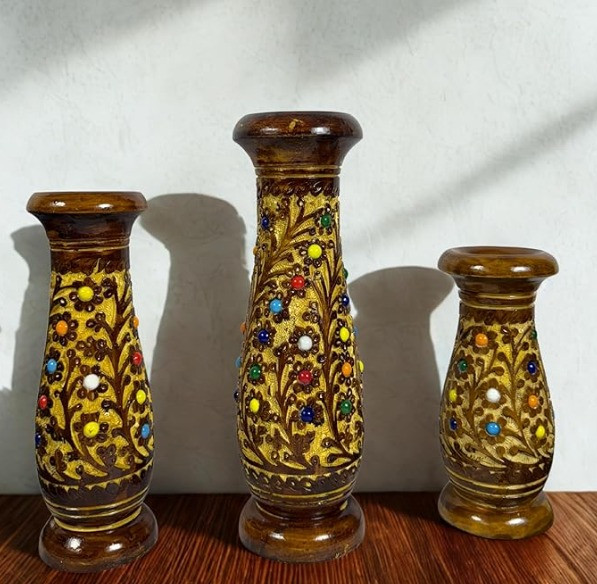 Handcrafted Wooden Decorative Vase Set with Colorful Bead Detailing (Set of 3)