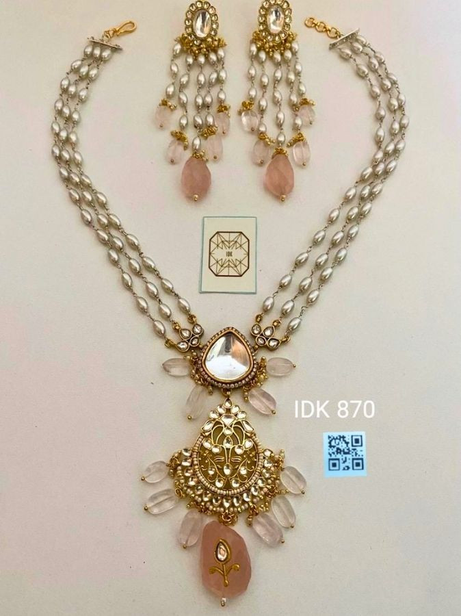 Aira Rose Quartz Kundan Pearl Necklace Set